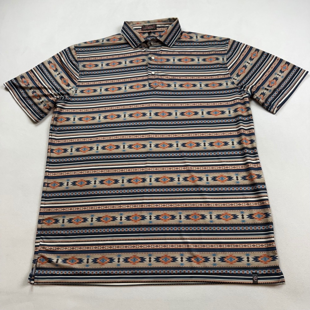 Rafter C Mens M/L Aztec Southwestern Striped Performance Polo Shirt Multi Color